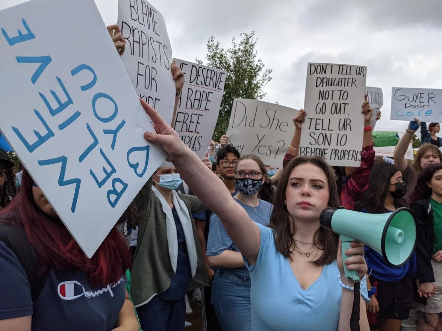 Chaney Tipton leads the walkout at Guyer High School on Friday, Oct. 15, 2021. Lucinda Breeding-Gonzales/DRC